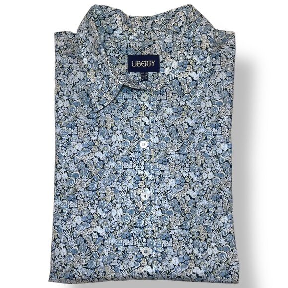 Liberty of London UK Cornflower Blue Short Sleeve Cotton Collar Shirt Blouse Top - Picture 1 of 5